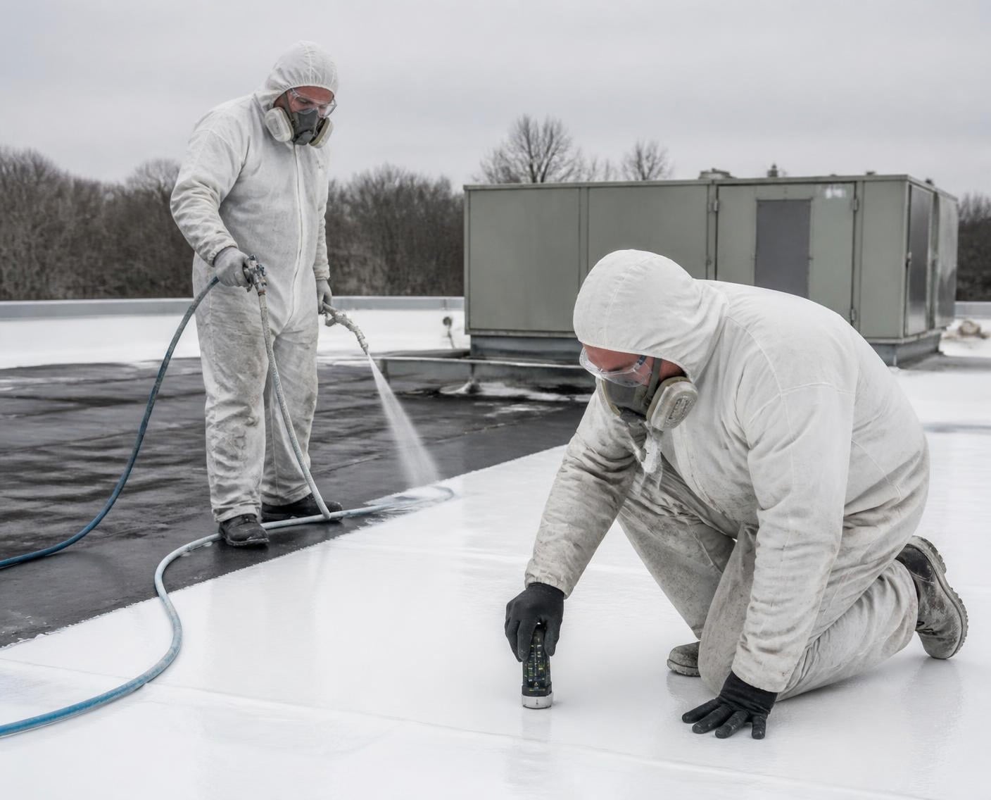 Crew checking coating thickness with a wet film gauge during application