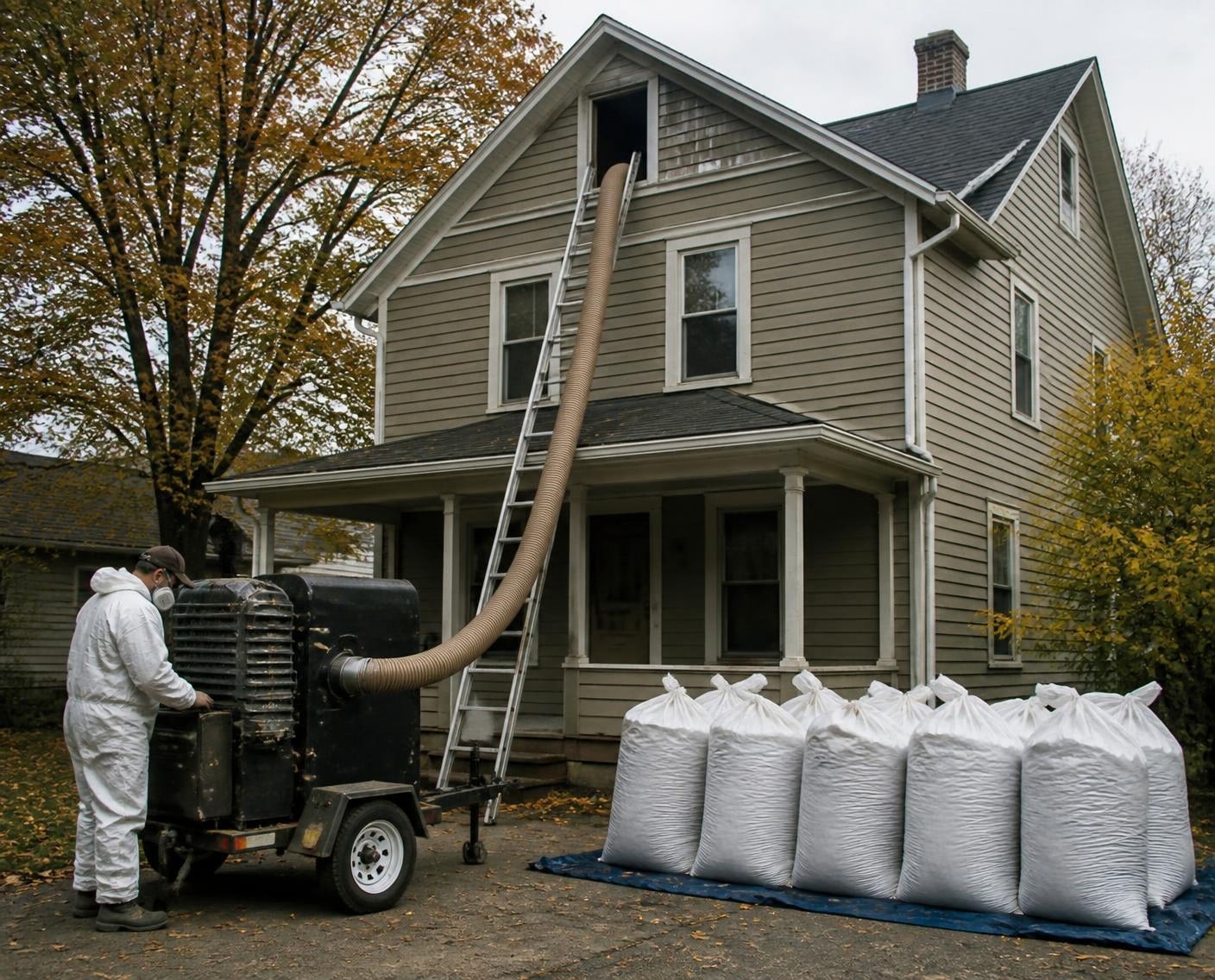Removal vacuum outside a house with the hose running up into the attic gable vent