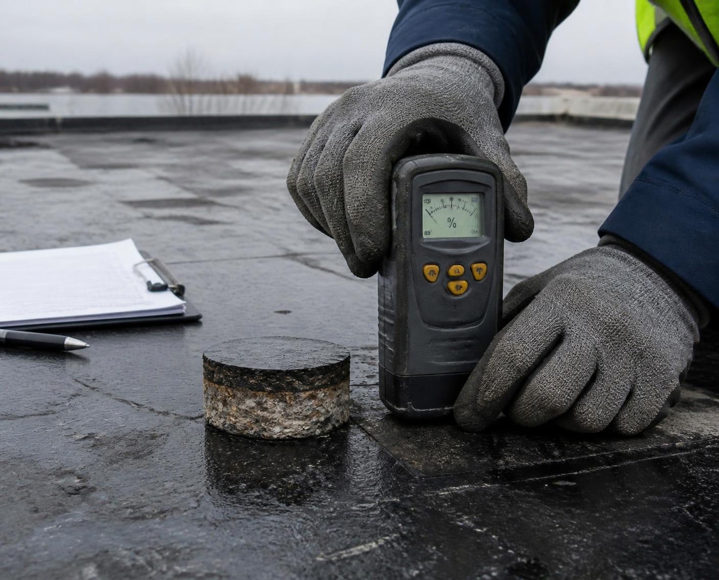 Checking a flat roof for trapped moisture before coating