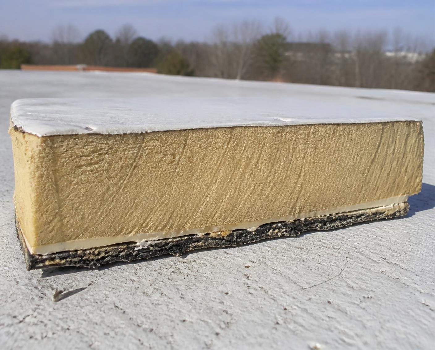 Cross-section of a spray foam roof showing foam and topcoat layers