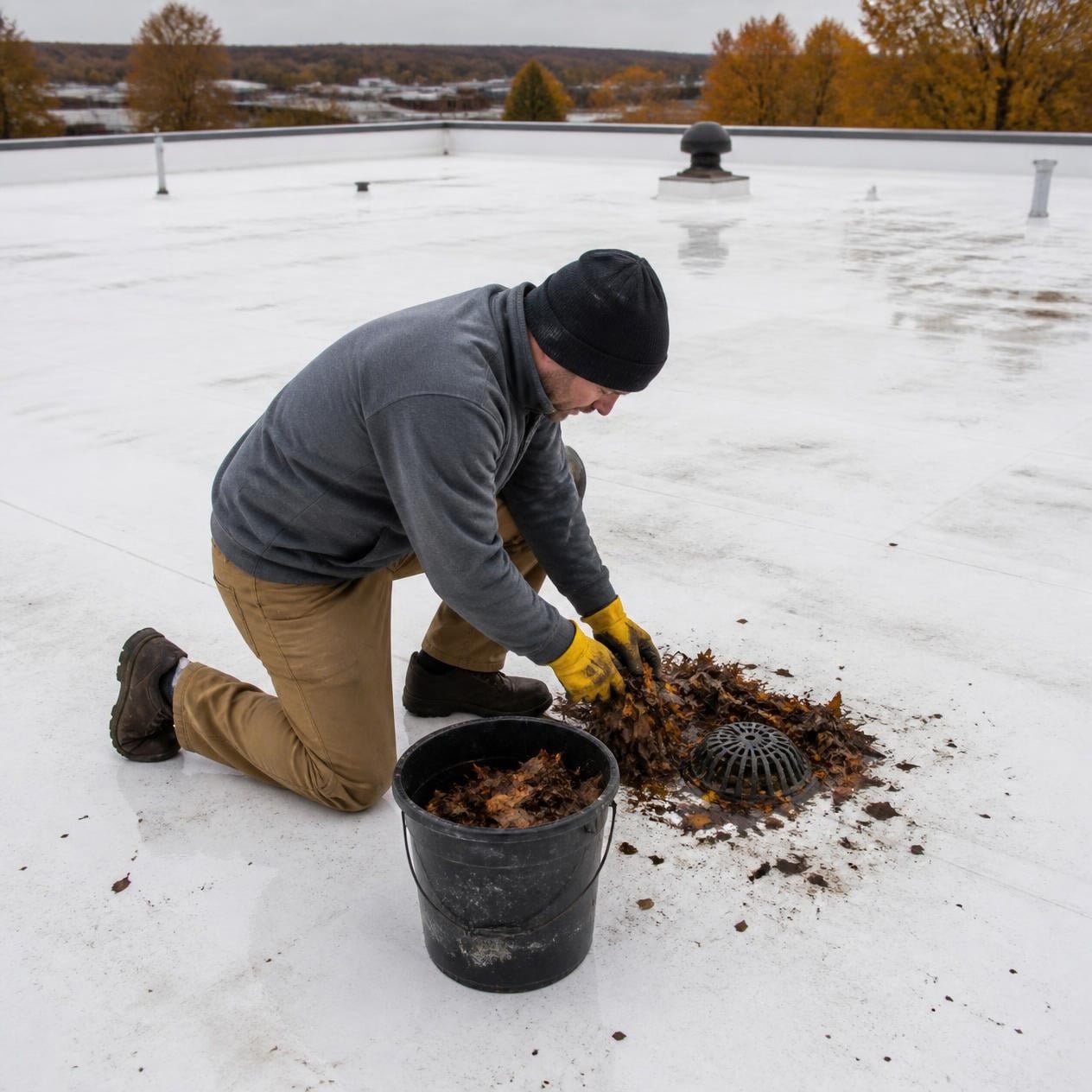 Clearing leaves from a drain on a coated flat roof