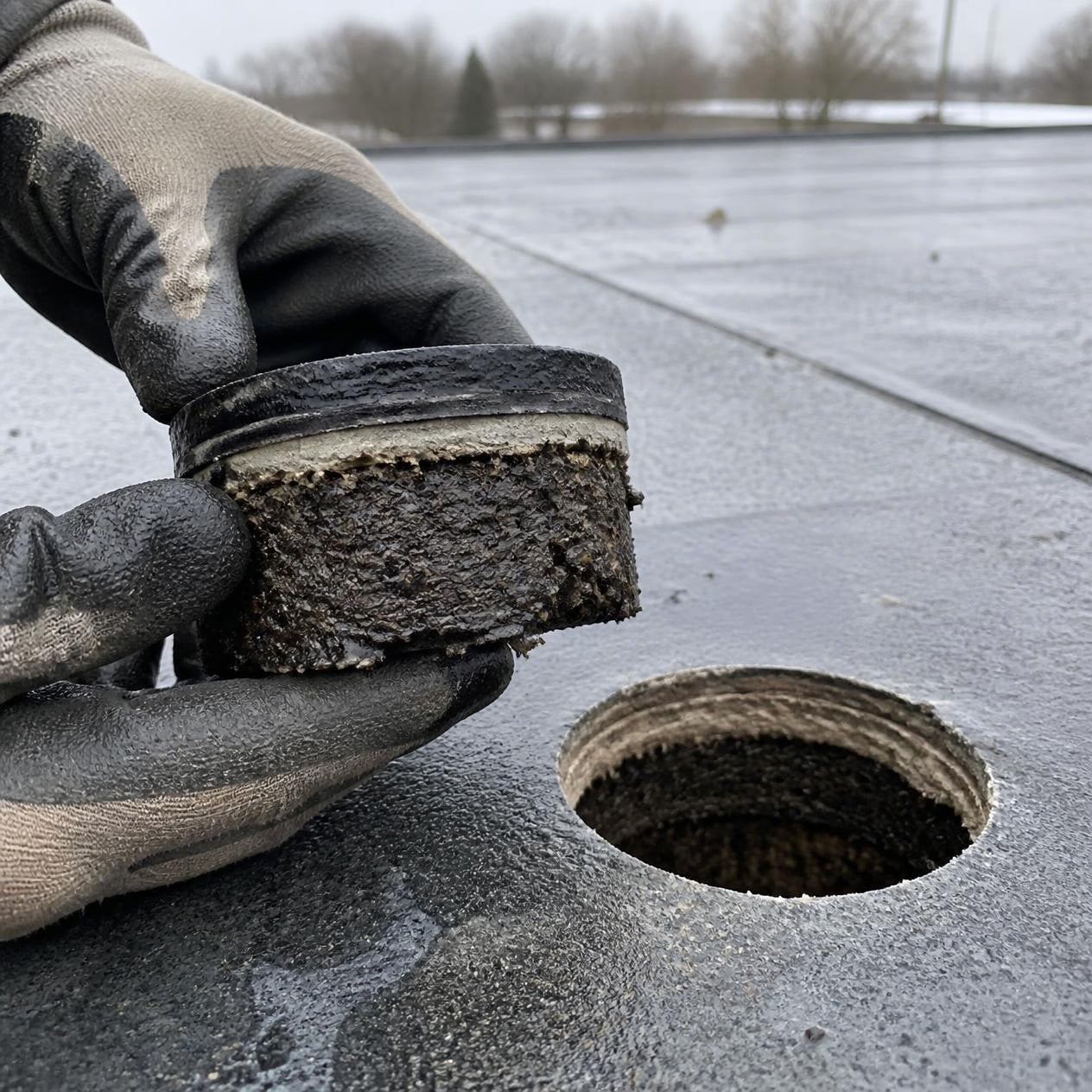 Roof core sample showing wet insulation under the membrane